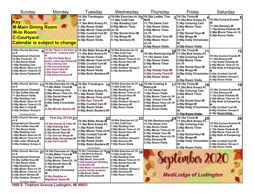 September 2020 activities calendar