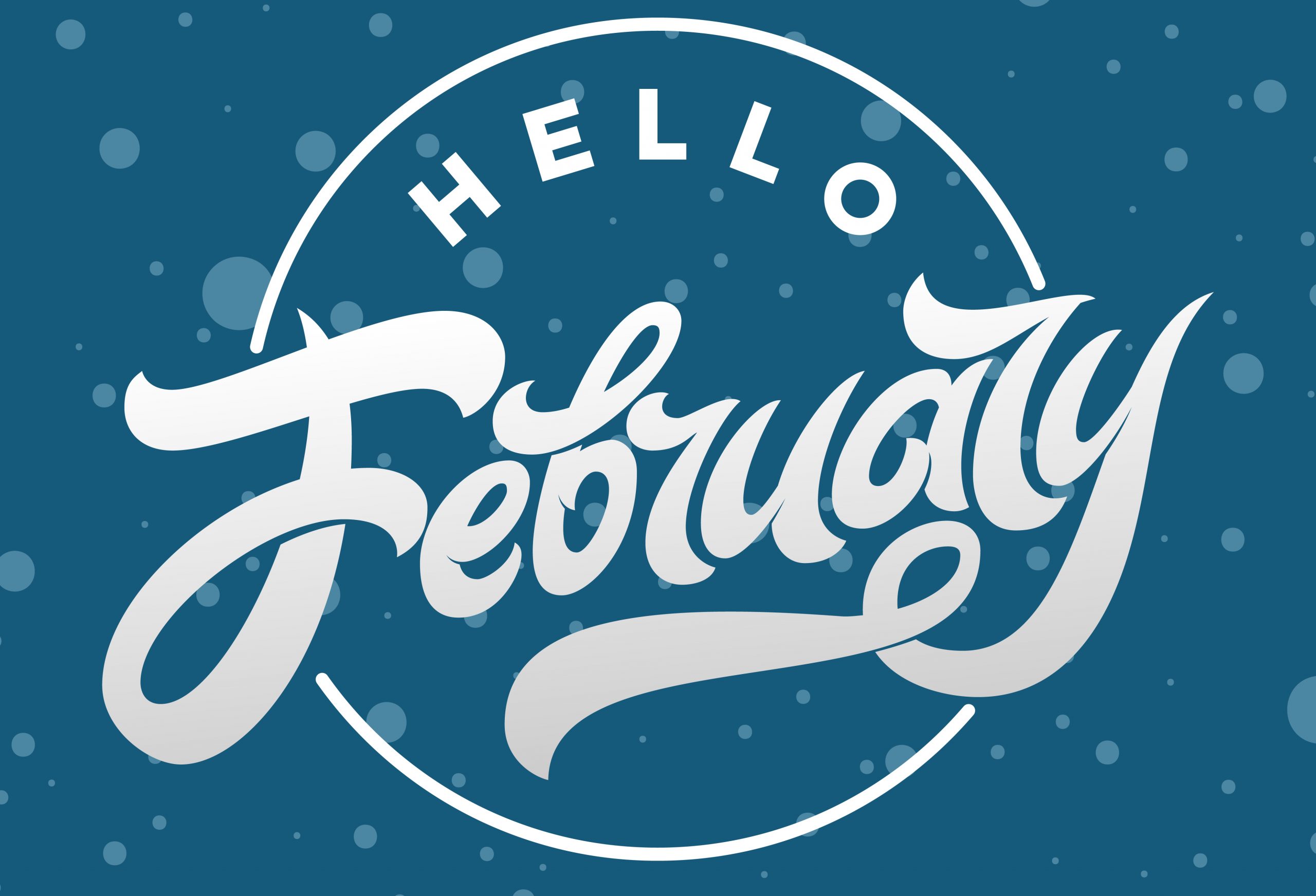 White letters Hello February on blue background with falling snow. Used for banners, calendars, posters, icons, labels. Modern brush calligraphy. Vector illustration.